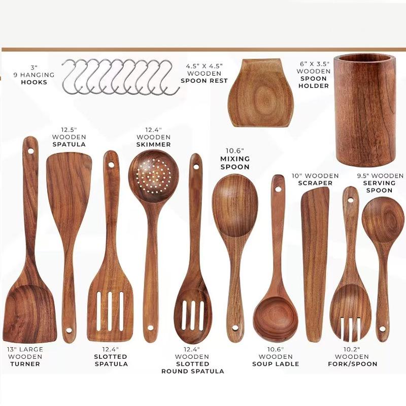Teak 9-Piece Kitchen Set: Solid Wood Spatula, Spoon, Fork, Non-stick Pan, Acacia Wood Utensils, Long Handle Pot & Vegetable Spatula