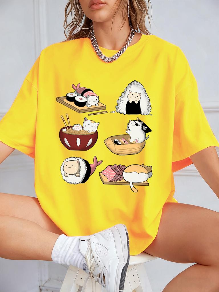 Kawaii Sushi Cats Printing TShirts Womens Summer Cotton Short Sleeve T Shirt Loose ONeck Comfortable Tops Casual Woman Clothes