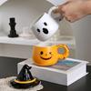 Ghost Pattern Ceramic Cup with Elf Hat Lid Halloween Theme Handmade Artwork Mug Daily Use Halloween Drinkware