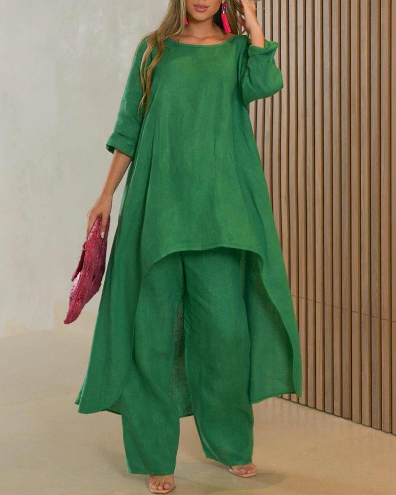 2023 Plus Size Women's Cotton Linen Irregular Two-Piece Long Sleeve Top Set