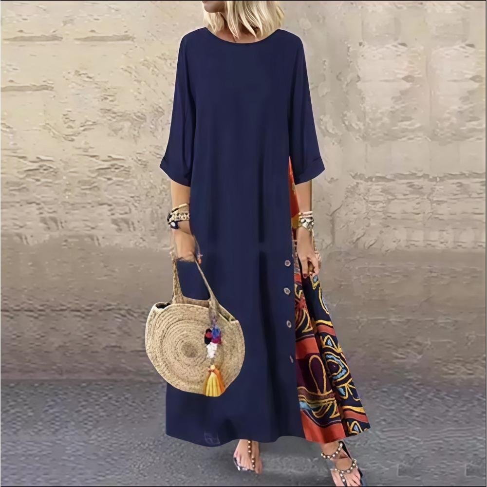 

LYRIA Cotton Linen Vintage Long Dresses Women Three Quarter Sleeves Splicing Print Loose A-line Dress Fashion Casual Lady Maxi Vestido M помаранчевий