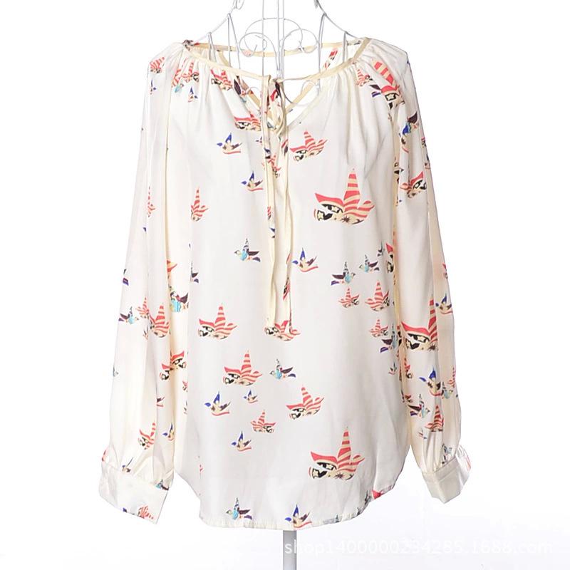 Cotton Long Sleeved Shirt Loose Plus Size Women's V-neck Shirt Printed Non Transparent Cotton Shirt for Women