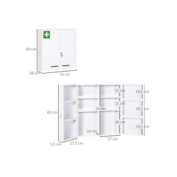 Armoire à pharmacie - MUVOE - 2 portes - Acier blanc - 6 étagères - Verrouillable