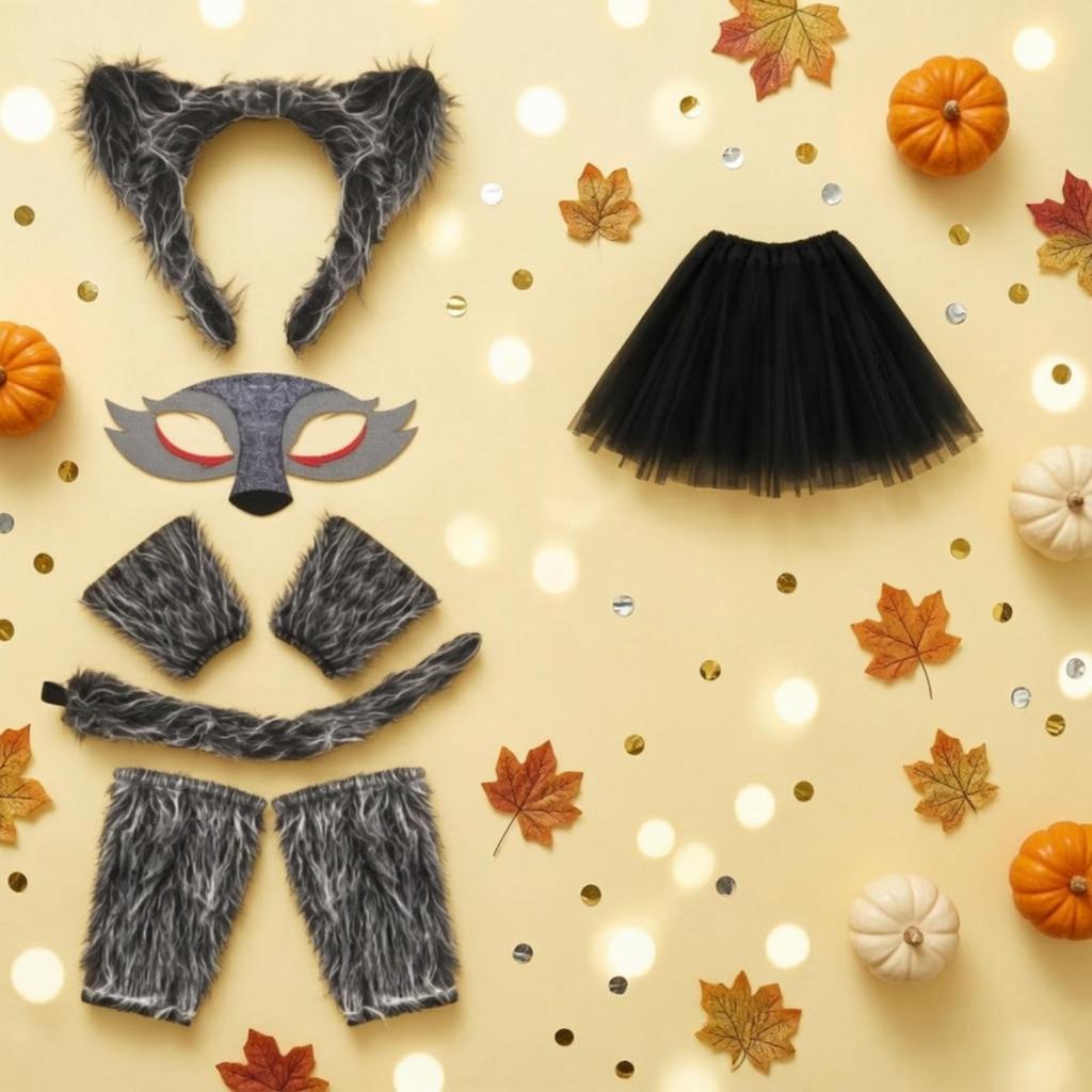 Wolf Costume Accessories Furry Set Fuzzy Animal Tail for Kids,