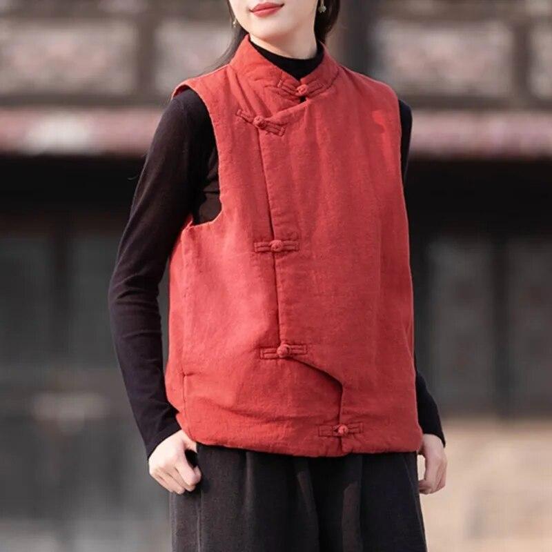 Johnature Dámské Vintage vesty Kabáty Stojánek Jednobarevný Knoflíček Plus Bavlněné Oblečení Podzimní Teplé vesty v čínském stylu