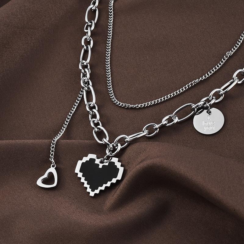 Elegant Titanium Steel Heart Necklace For Women With Double Layer Mosaic Design