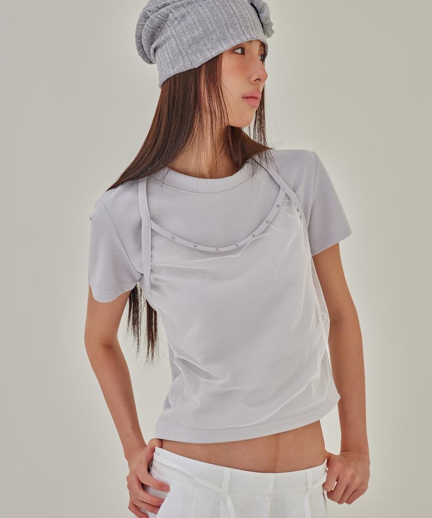 Leondeondada Stud Mesh Halter Layered T-Shirt, Cloud