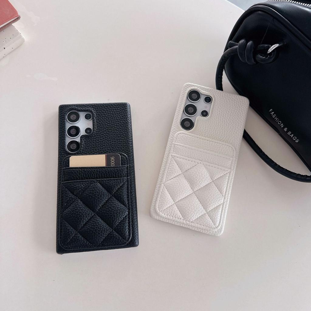 Half Pack Lambskin Leather Mobile Phone Case for Samsung S25 Plus Small Fragrance Rhombus S22 S23 S24 Ultra Hard Shell Card Bag