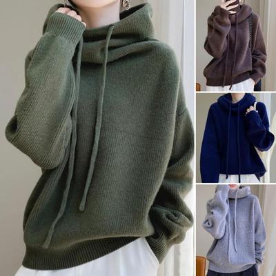 Women Sweater Pile Collar Drawstring Hooded Long Sleeve Knitting Tops Solid Color Casual Loose Fit Knitwear