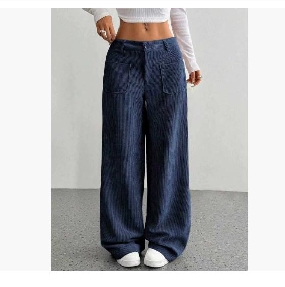 Corduroy-Textured Women's High-Waisted Wide-Leg Pants | Relaxed Fit Side Pockets & All-Season Comfort, Machine Washable Beige Trousers