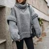 Autumn Winter Oversized Solid Color Thick Knit Turtleneck Split Sweater for Women European American Crossbody Casual Knit Top