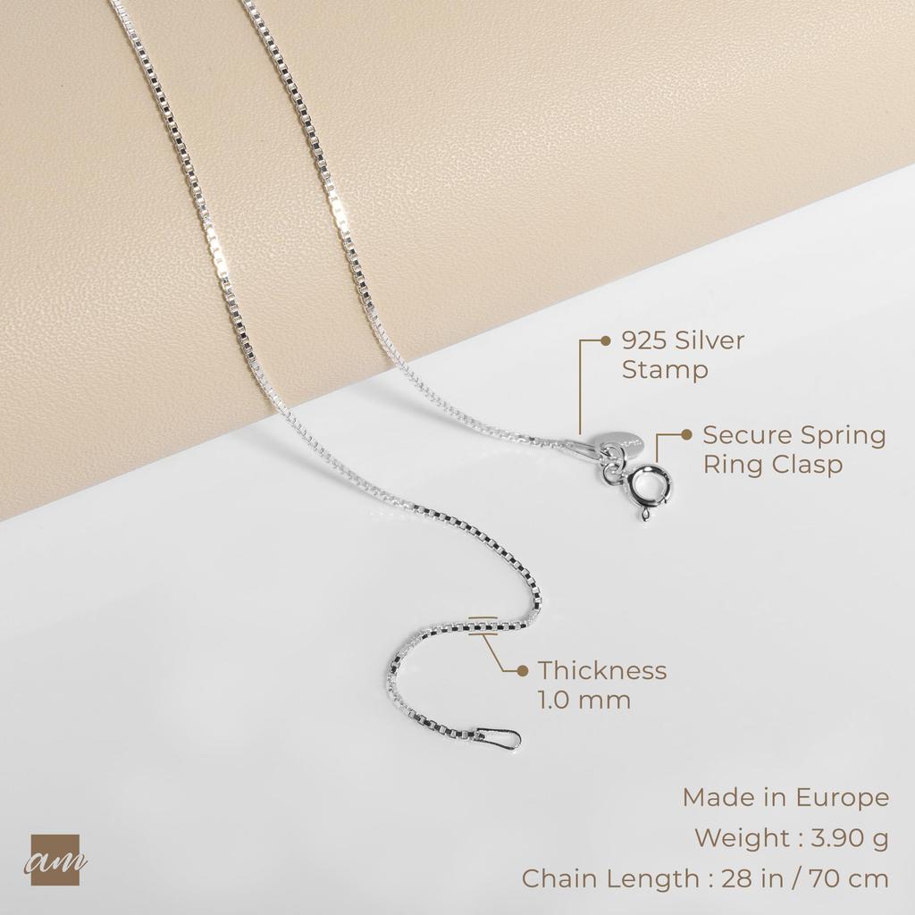 [Amberta] Women's 925 Sterling Silver 1mm Venice Box Chain Necklace: 70cm