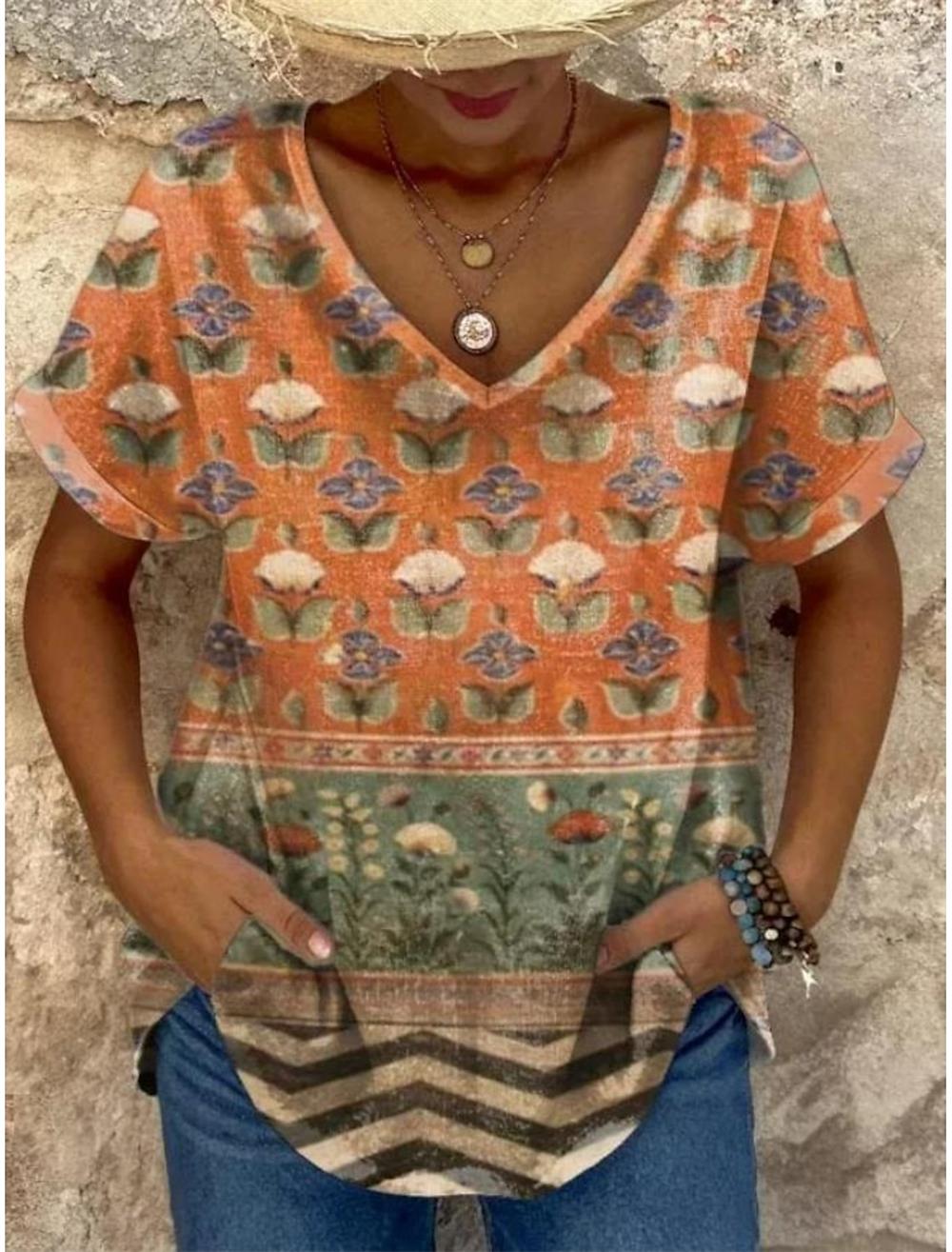 

Летняя этническая винтажная футболка с 3D-принтом цветов, элегантная классическая, женские футболки, топы, женская одежда большого размера в стиле Харадзюку с V-образным вырезом 3XL