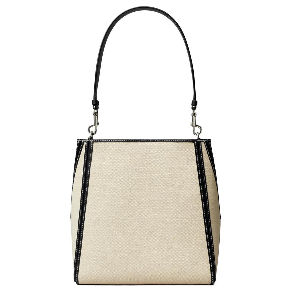 Tory Burch Mcgraw Magnetic Snap And Chain Buckle Canvas With Leather Trim Bucket Bag Women bags Natural Multicolor 158504-254