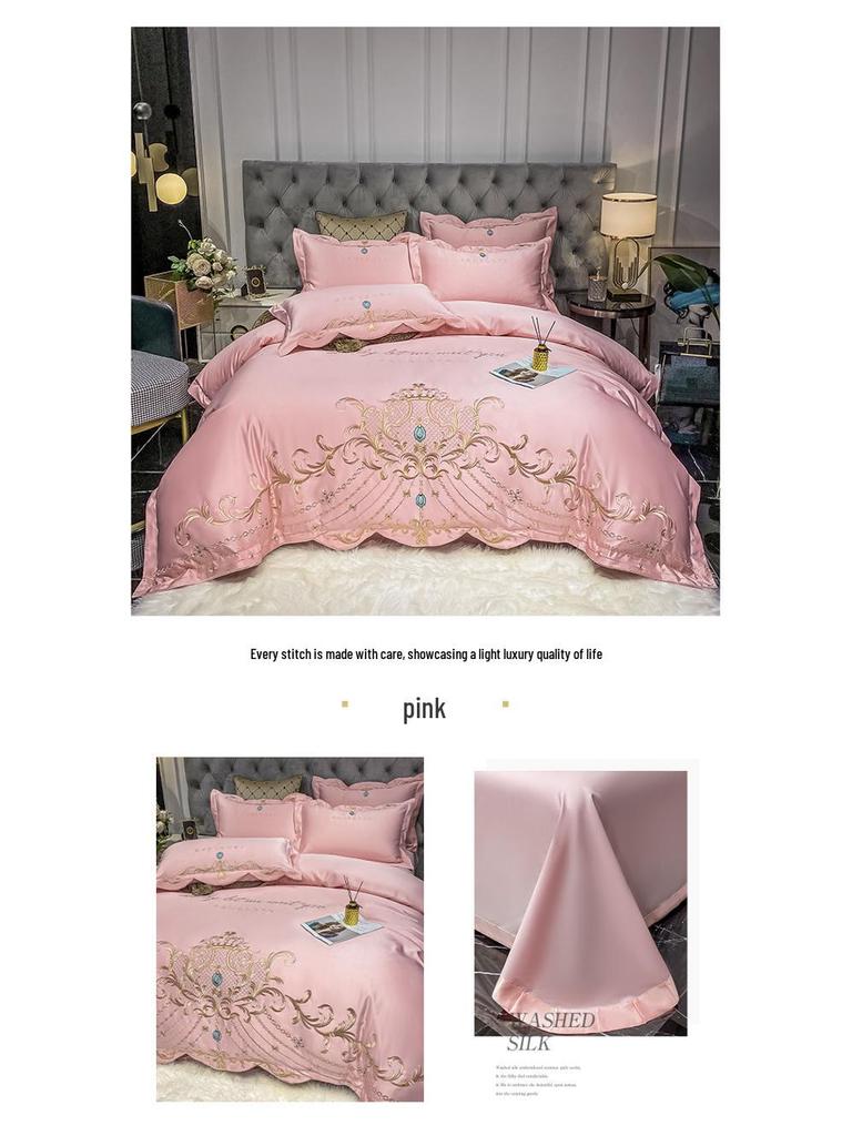 Evropská 4dílná sada prostěradel ze 100% bavlny s povlakem na přikrývku z ledového hedvábí - Luxusní svatební ložní prádlo