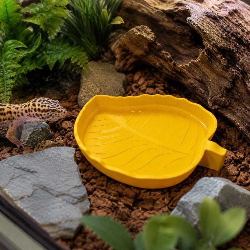 Molded Plant-Form Bowl Pair for Small Herps, Textured Plastic Dishes with Open Interiors for Food or Drinking Water
