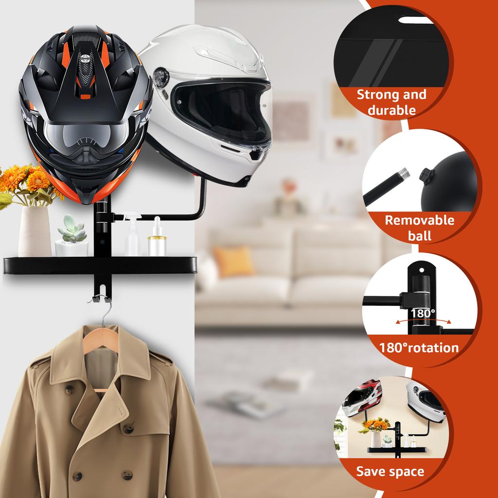 Motorcycle Helmet Rack Wall Mount Bike Helmet Holder 180 Degree Rotation Space Aluminum Hanger with Hook for Keys Hats Helmets