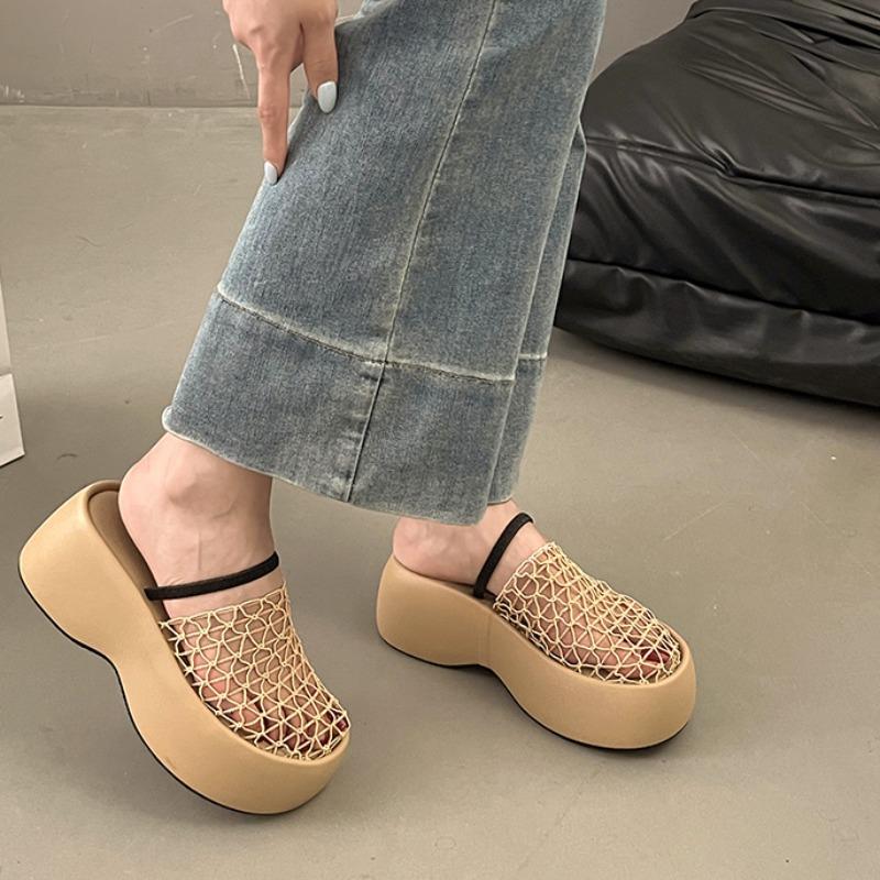 Fashion Waterproof Platform High-heeled Slippers Summer New Round Head Shallow Mouth Mesh Hollow Anti-slip Wear-resistant Sandals