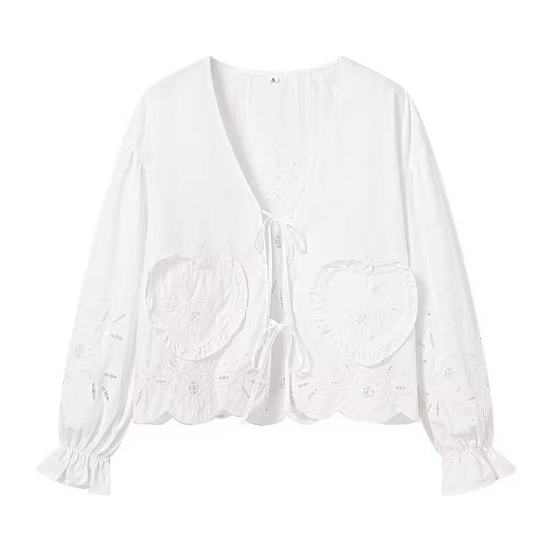 

2025 Весна Женская Мода Ажурный Вышитый Топ-Рубашка на Шнуровке Large белый