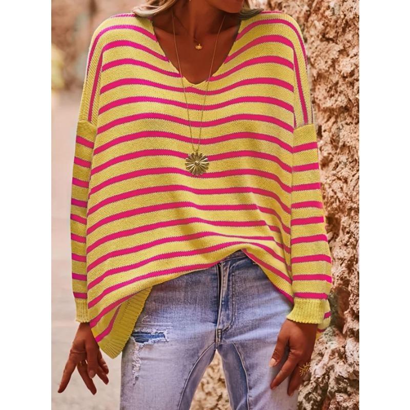 Women S V Neck Long Sleeve Striped Knit Pullover Sweater