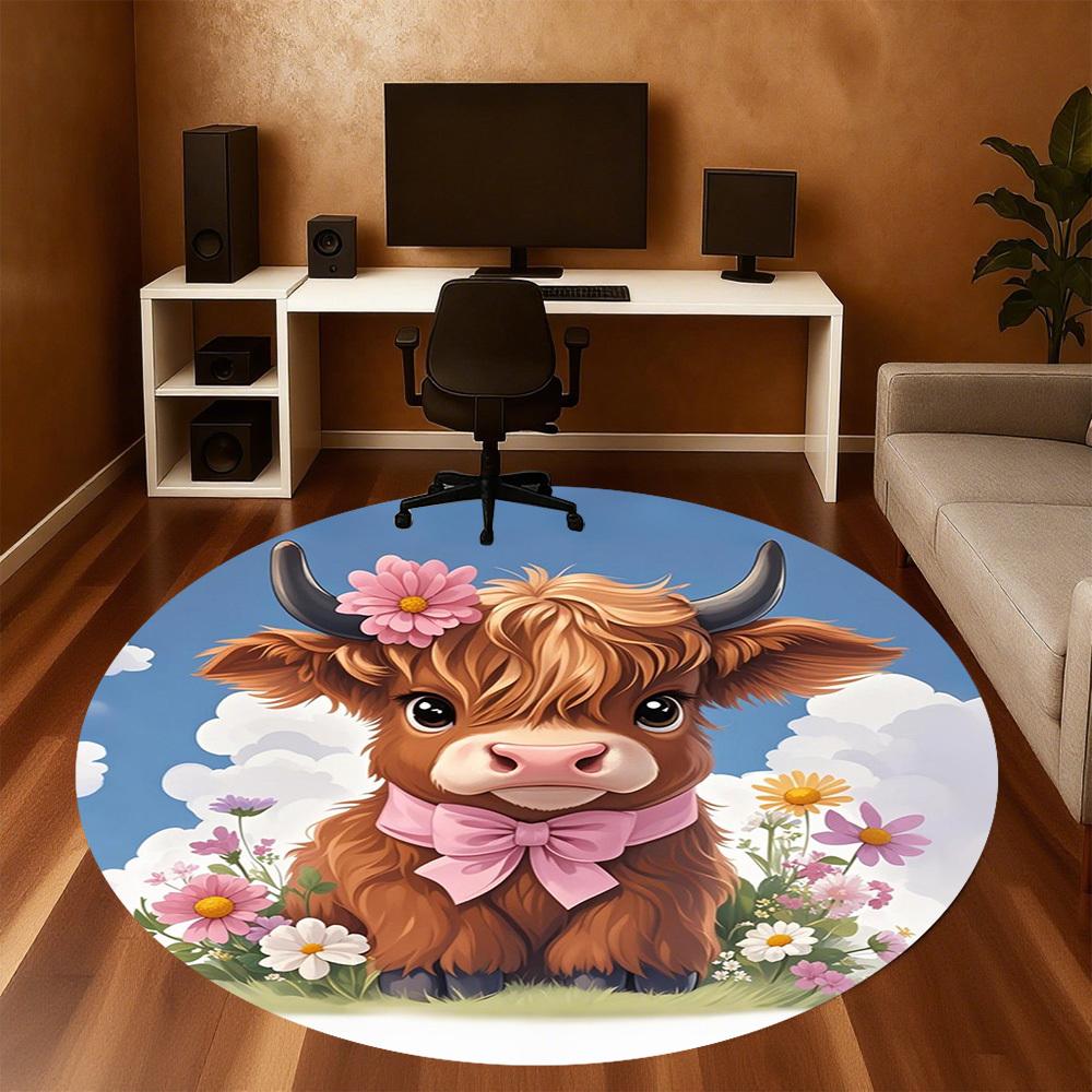 1PC Cow Flowers Bow Round Chair Mat Area Rug - Non-Slip, Floor Mat for Office, Bedroom, Home Decor Christmas Gift C0528077