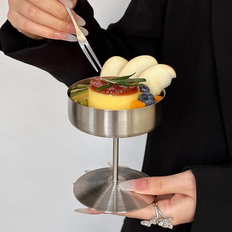 Edelstahl Dessertbecher Puddingbecher Luxus Eisbecher Hoher Fuß Joghurt Dessertbecher Servierteller Obstschale Kuchenplatte