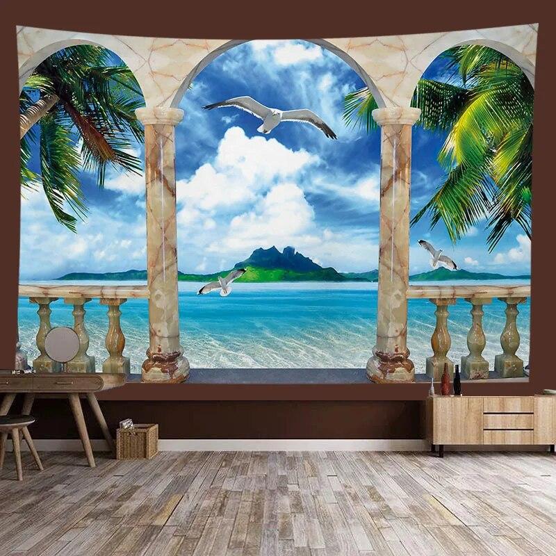 Window Sill Garden Beach View Large Tapestry Wall Hanging Bohemian Hippie Tapestry Room Aesthetic Living Room Home Decoration