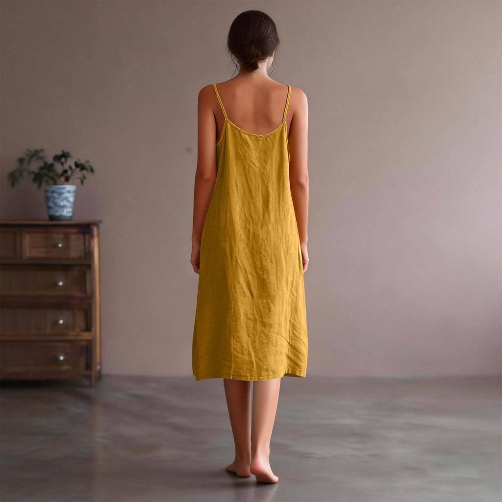 Women's Fashion Casual Loose Sleeveless Tank Top Cotton-Linen Mid Length Dress