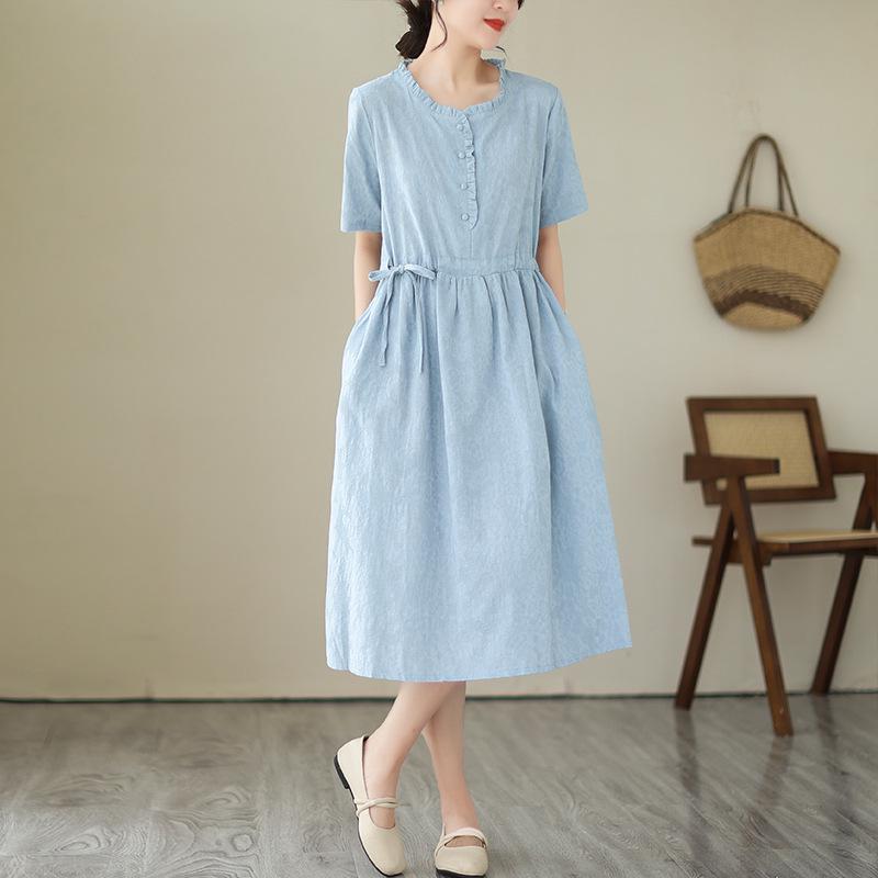 2025 Summer Retro Chinese Style Loose Jacquard Dress - Mid-Length Solid Color Skirt