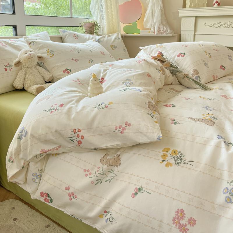 Princess style bed four-piece set pure cotton pure cotton small fresh bed sheet single quilt cover dormitory three-piece set duvet cover