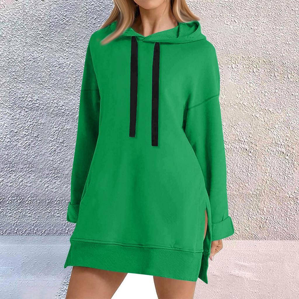 Women's Fashion Casual Sweatshirt Color Long Sleeve Split Hem Long Hoodie