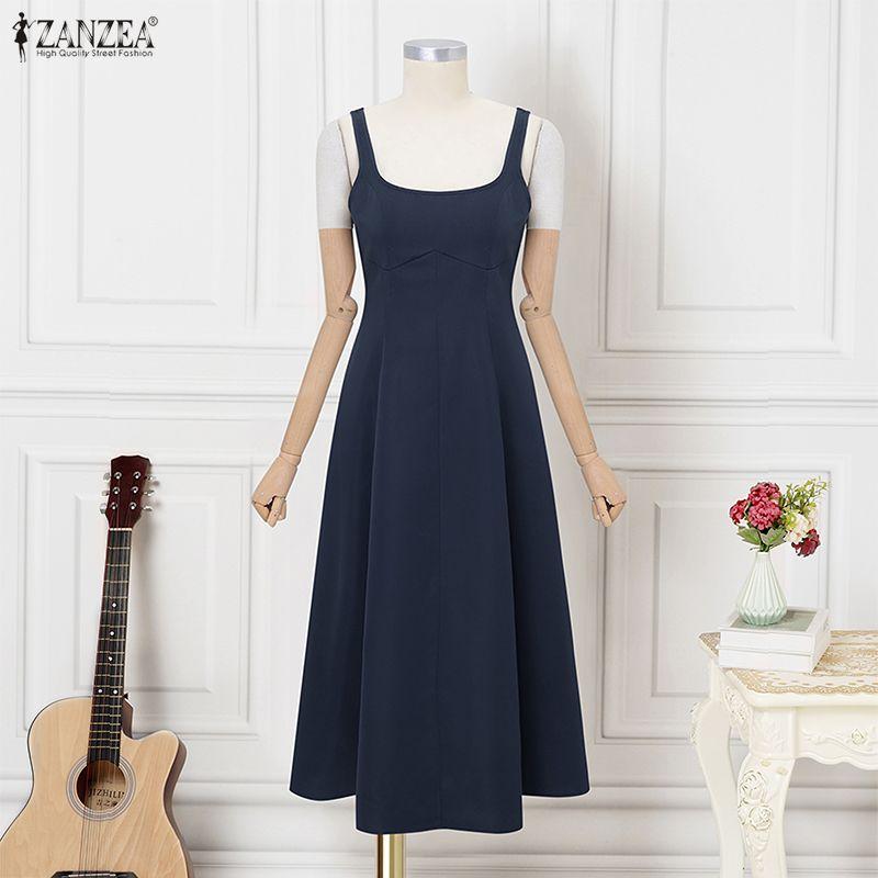 ZANZEA Women Summer Square Collar Casual Sleeveless Long Dress