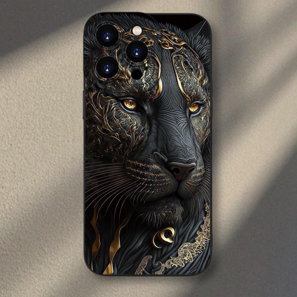Matte Finish Golden Gilded Black Lion Pattern Phone Case For IPhone 17 16 15 14 13 12 11 Pro Max Air Shockproof Flexible Cover