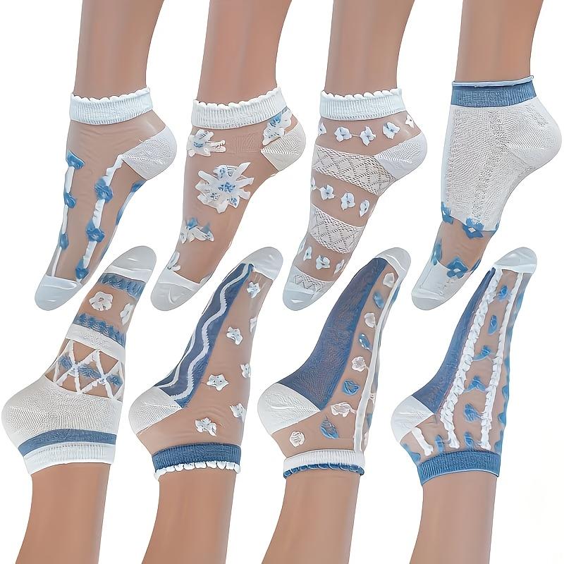 5/10Pairs Women Summer Mesh Ankle Socks Thin Breathable Glass Silk Low Cut Socks Sheer Flower Pattern Soft Intimates Hosiery