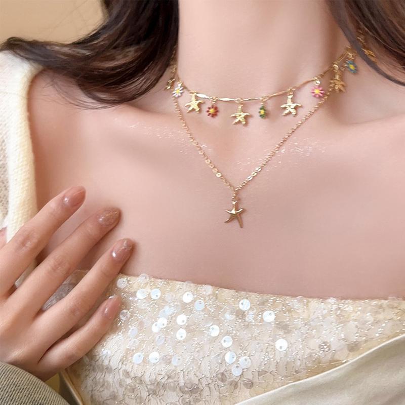 Bohemia Double Layer Daisy Clavicle Chain Necklace for Women Colorful Flower Starfish Pendant Metal Chain Choker Party Jewelry