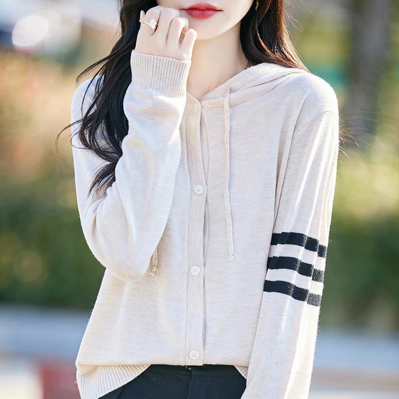2026 Spring/Summer Women's Lightweight Wool Knit Hooded Cardigan with Three Stripes