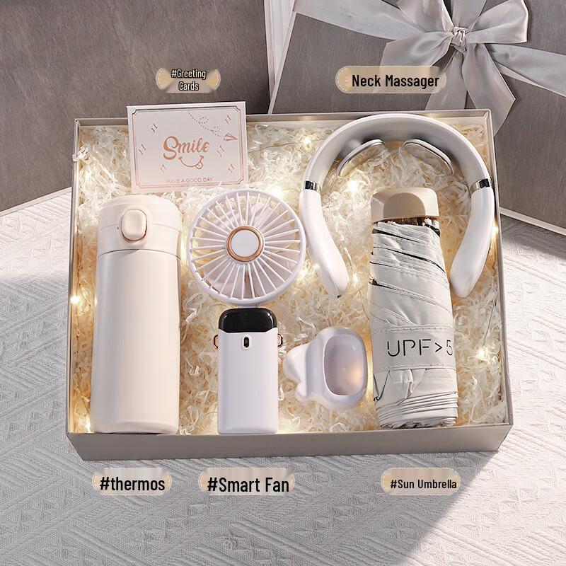 Aiqiyi Selected Cooling Travel Gift Set 10 Thermos, Mini Fan, Umbrella, Neck Massager
