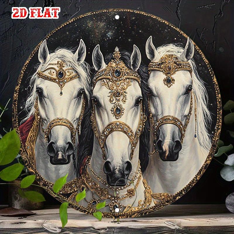 Vintage Round Metal Wall Art Featuring Three Majestic Horses with Ornate Golden Harnesses D Flat Design xcm Alu