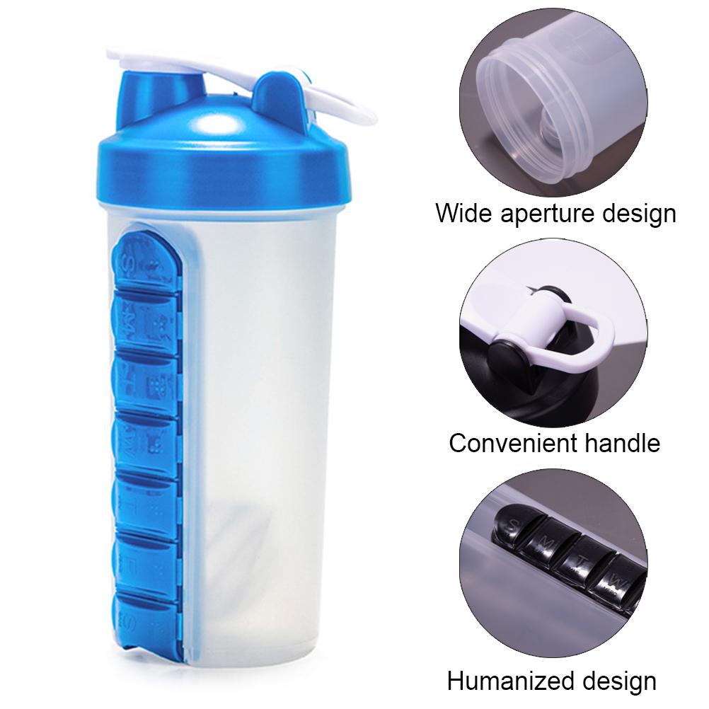 2 In 1 700ml Water Bottle with Pill Organizer 7 Day Weekly Pill Case for Outdoor Travel Office Gym