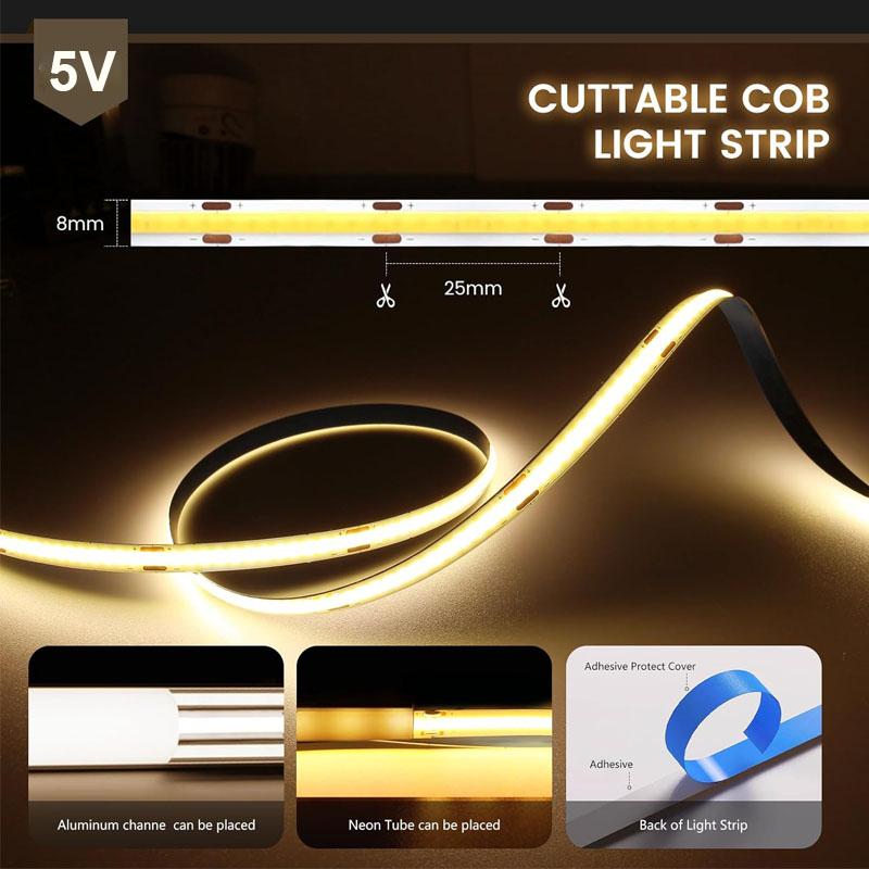 5V COB LED Light Strip Hand Sweep Sensor LED Strip with USB Power for Kitchen TV Backlight Self-adhesive Tape
