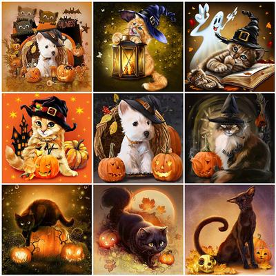 Pintura de diamante 5D para perro, taladro completo redondo, bordado de diamantes, Animal, gato, mosaico, Kit de diamantes de imitación, regalo de Halloween