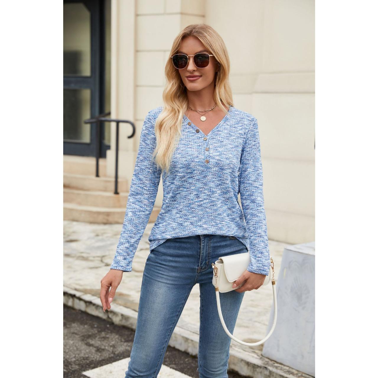 

GMXIA Autumn V-Neck Loose Long Sleeve T-shirt Button Top Women XXL синий