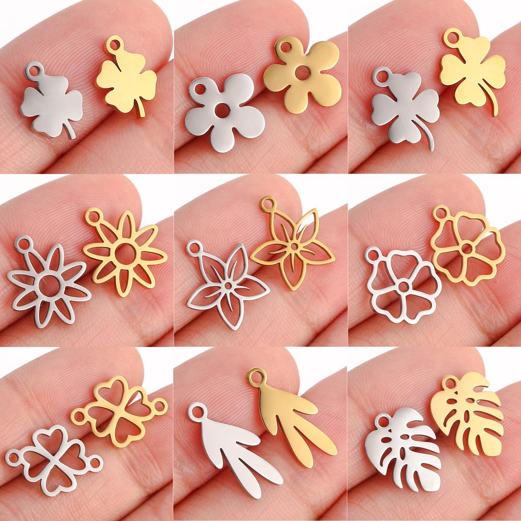 5Pcs/Lot Floral Theme Flower Charms Stainless Steel Sakura/Peach Blossom/Clover Pendants DIY Necklace Bracelets Jewelry Making