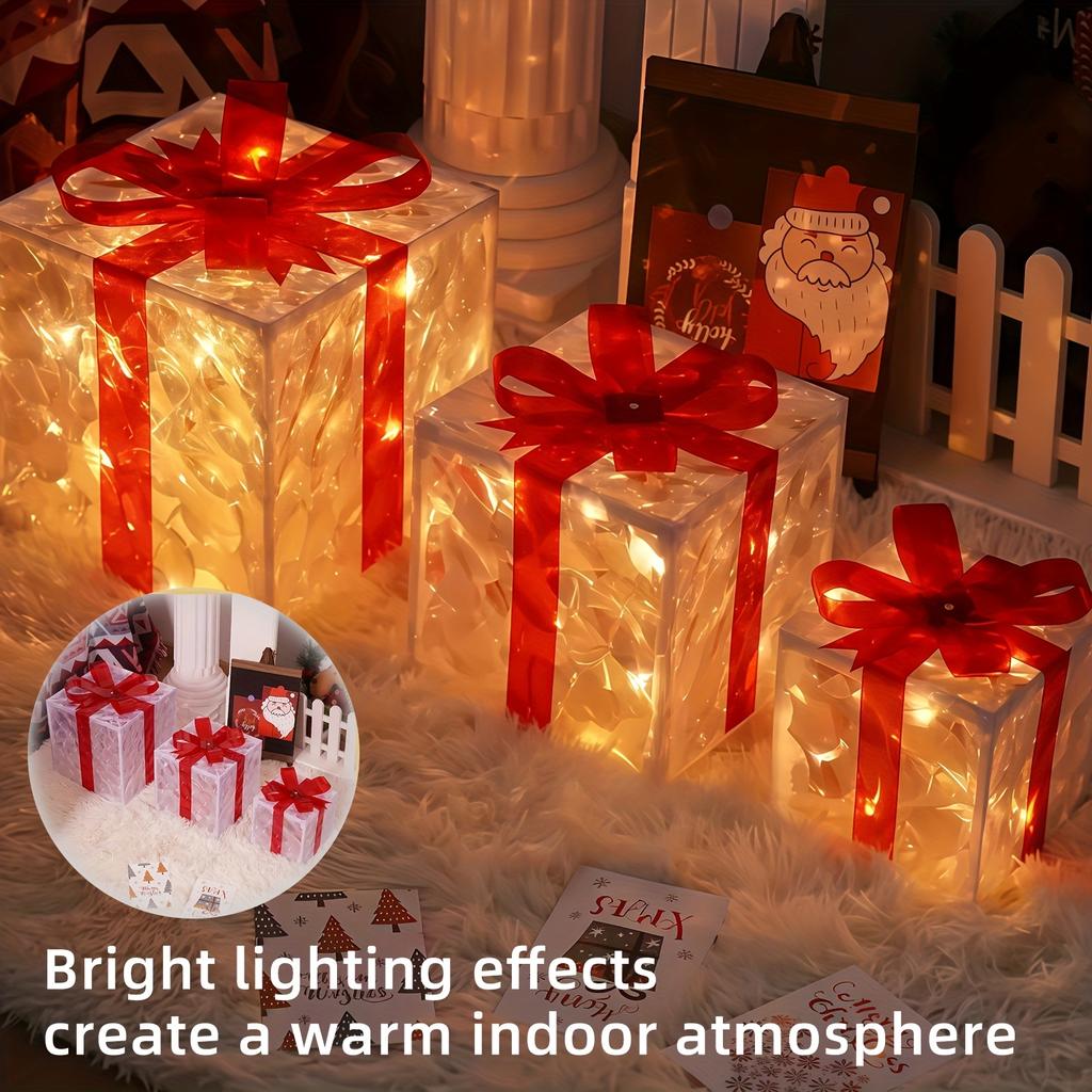 3pcs Christmas Gift Box Light Transparent Gift Box with Red Strap+fairy Light String Indoor Decorative Light
