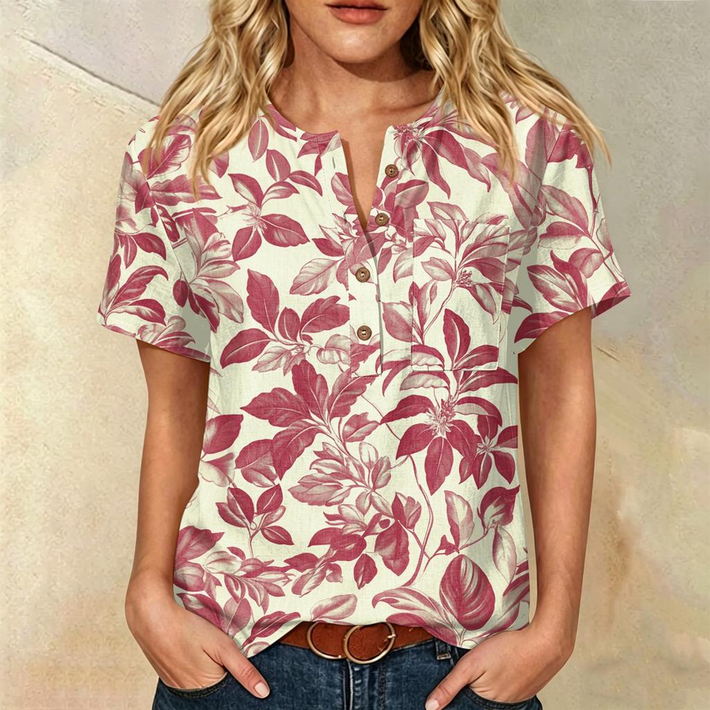 Damen Freizeit Hemd mit Print, Henley-Knopfleiste, kurzen Ärmeln, Baumwoll-Leinen-Mischung und Brusttasche für den Sommerlichen Alltagsgebrauch