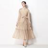 2026 Spring Summer Beaded Lace Patchwork Dress for Women Stand Collar Long Sleeve High Waist Belt Casual Vestidos Pleated Y2k