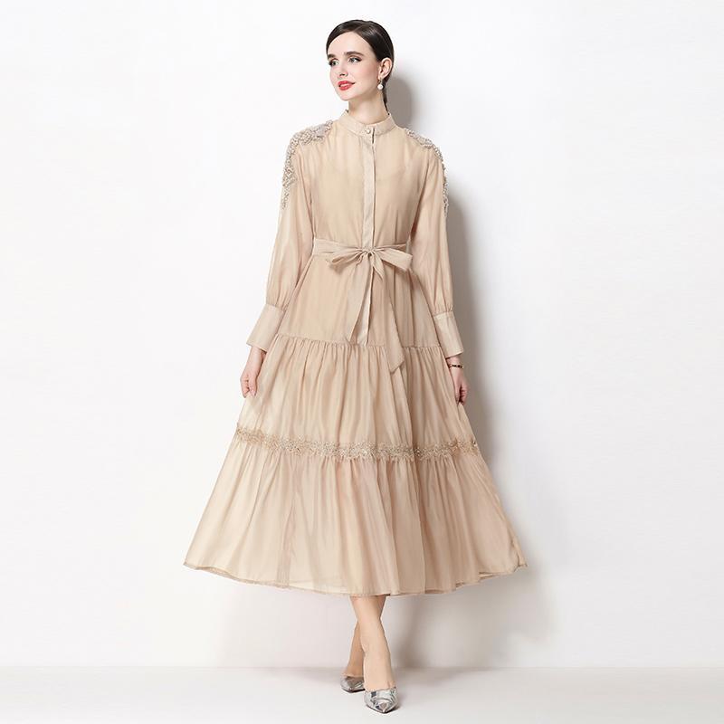 2026 Spring Summer Beaded Lace Patchwork Dress for Women Stand Collar Long Sleeve High Waist Belt Casual Vestidos Pleated Y2k