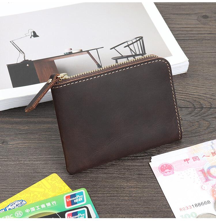 Handmade Crazy Horse Leather Wallet Retro Small Coin Money Bags Simple Wallets Zipper Pouch Card Holdes