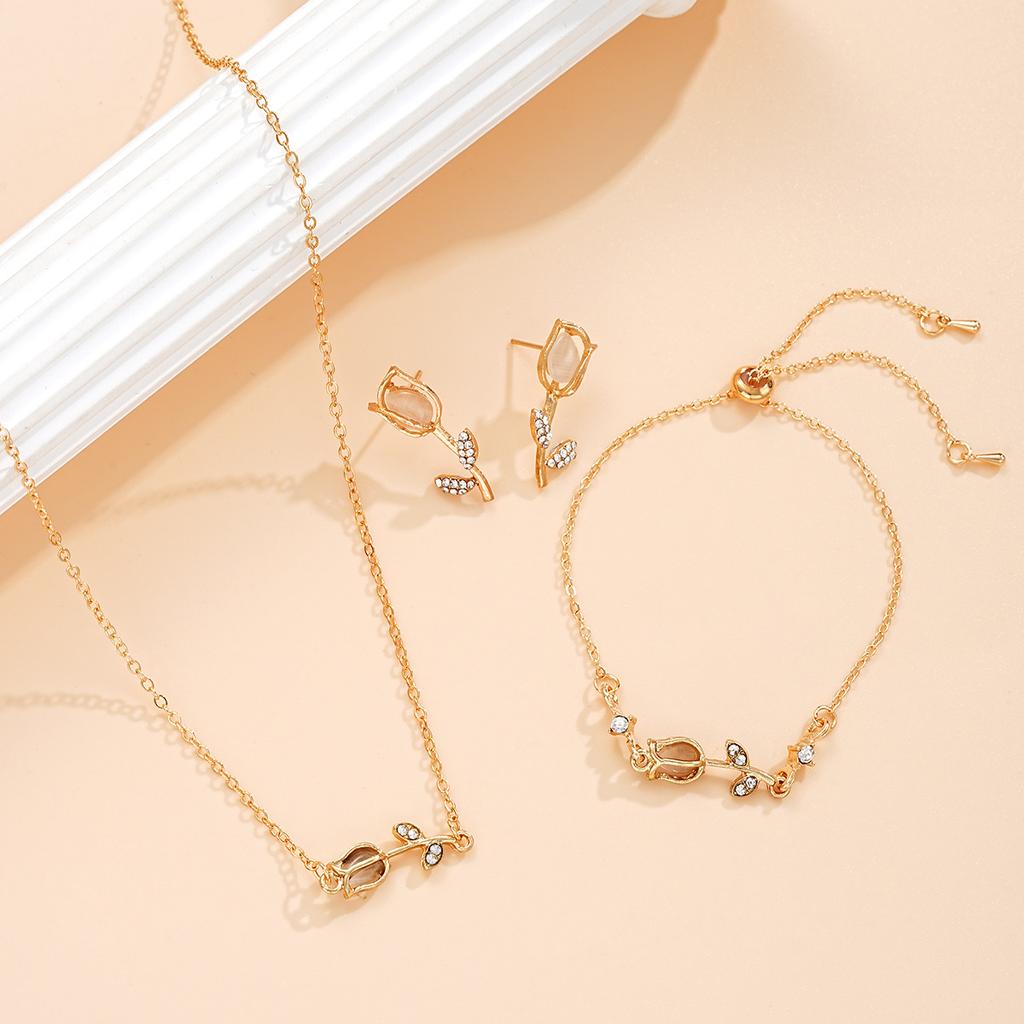 Fashion Crystal Tulip Flower Earrings Necklace Jewelry Botanical Set for Female Girls Charm Party Jewelry Birthday Fine Gift