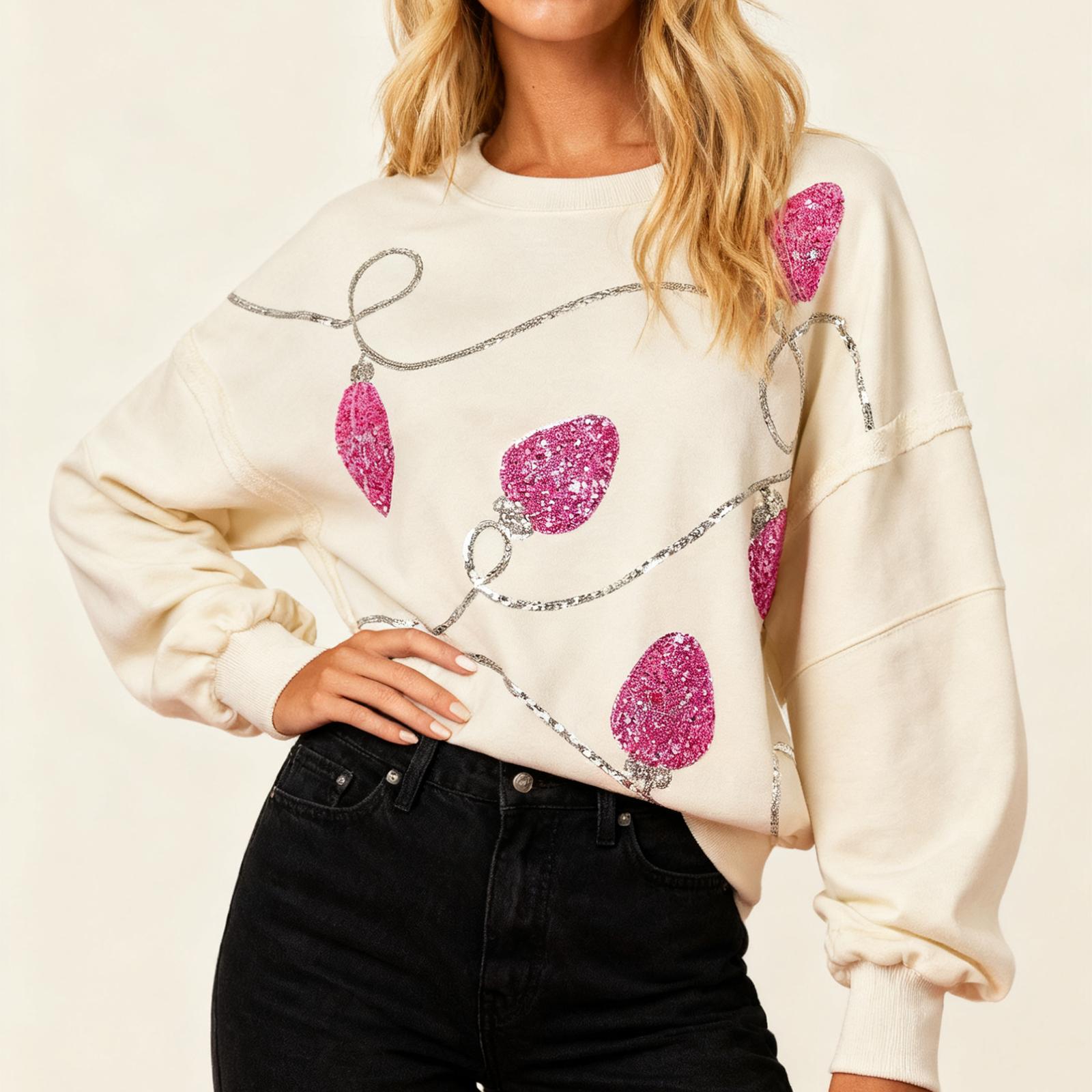 

Женский свободный удобный повседневный модный свитшот с рождественским принтом с блестками XXL бежевый